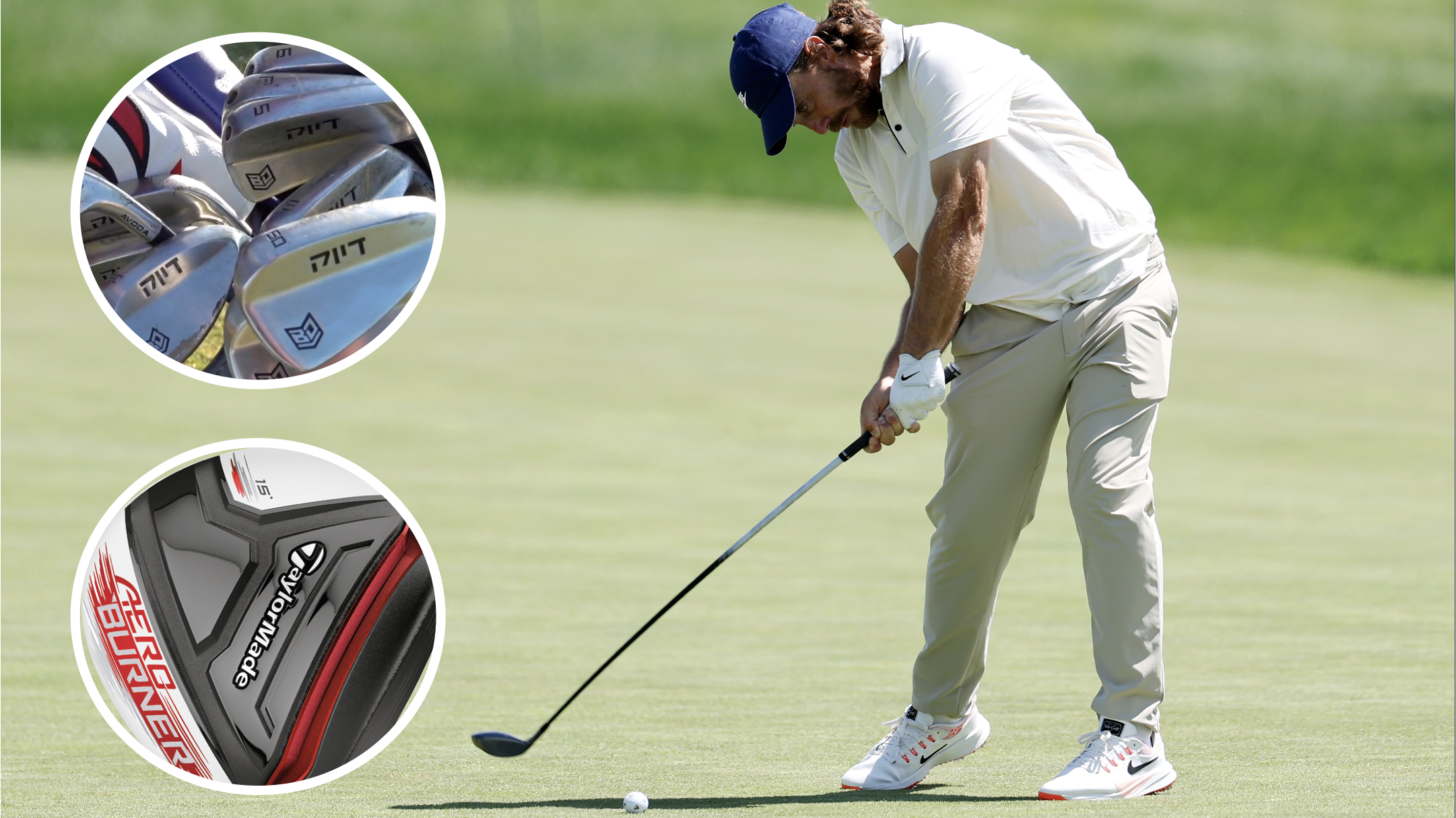 Tommy Fleetwood hitting a golf shot from the fairway with an inset of Bryson DeChambeau's Avoda irons and a TaylorMade AeroBurner 3-wood