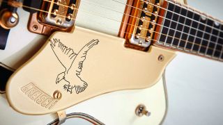 Best Gretsch guitars: Close up of Gretsch White Falcon logo