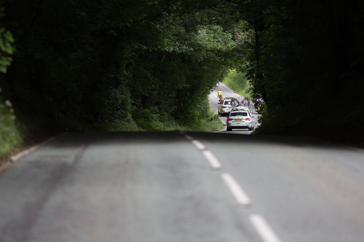 Emilia Fahlin (SWE) of Ale-Cipollini Cycling Team is surrounded by race organisation cars during stage 4 of the Aviva Women's Tour 2016