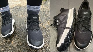 Susan Griffin wearing Keen 450 Dirt walking shoes on gravel and the shoes sitting on tile floor to show top and side of the shoe