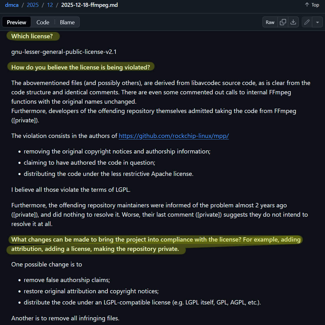 DMCA notice screenshot