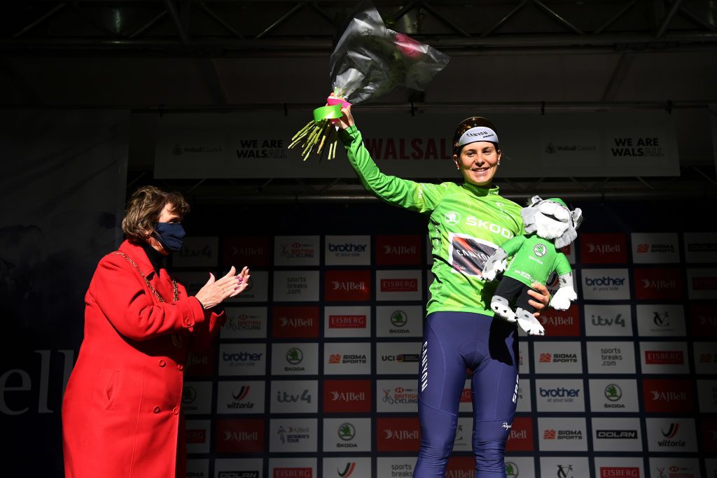 WALSALL ENGLAND OCTOBER 05 Elise Chabbey of Switzerland and Team Canyon SRAM Racing celebrates winning the Green Queen of the mountains jersey on the podium ceremony after the 7th The Womens Tour 2021 Stage 2 a 1022km stage from Walsall to Walsall thewomenstour UCIWWT on October 05 2021 in Walsall England Photo by Justin SetterfieldGetty Images