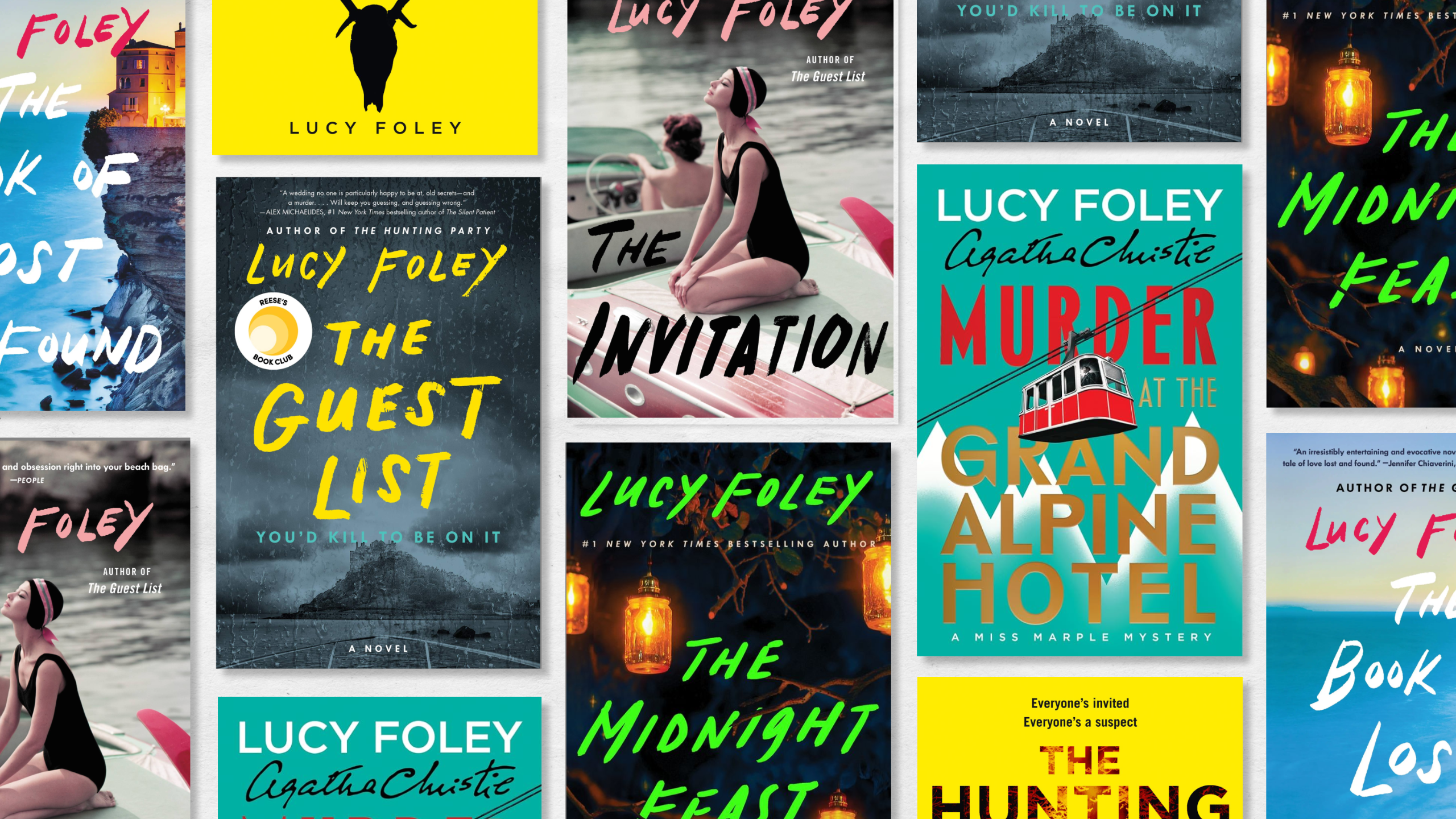 a collage of lucy foley book covers including the guest list the midnight feast and more