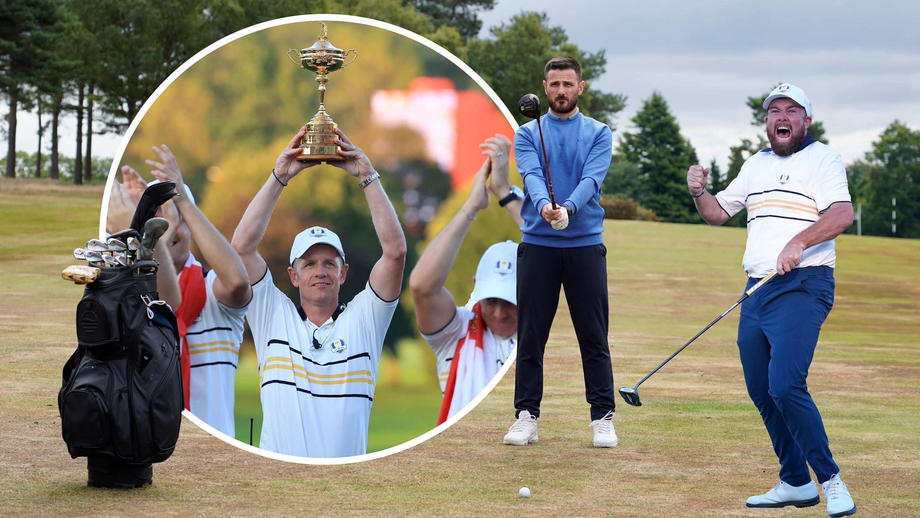 Barry Plummer preparing to hit a golf shot from the fairway with a wood, holding the club out ahead of him for alignment, with inset images of Luke Donald lifting the Ryder Cup trophy and Shane Lowry celebrating Team Europe&#039;s Ryder Cup win
