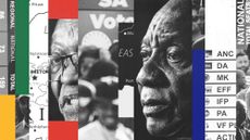 Photo composite of Cyril Ramaphosa, Jacob Zuma, the final vote tally, map of SA and voters in a queue