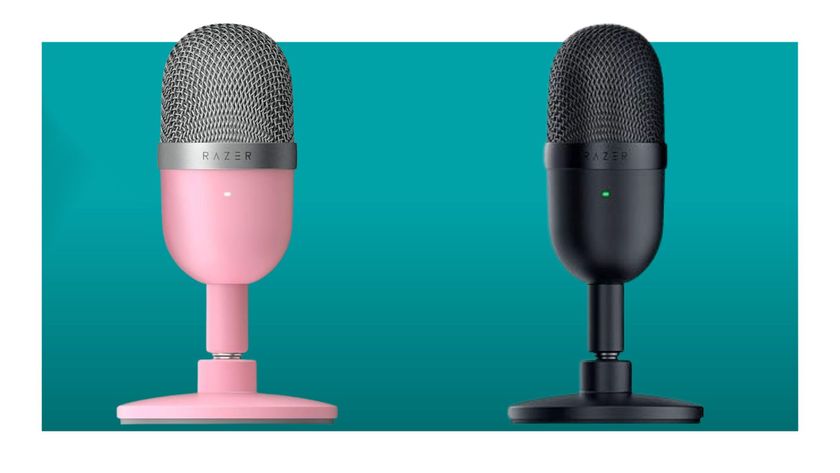 The black and pink Razer Seiren Mini microphone next to each other on a blue background