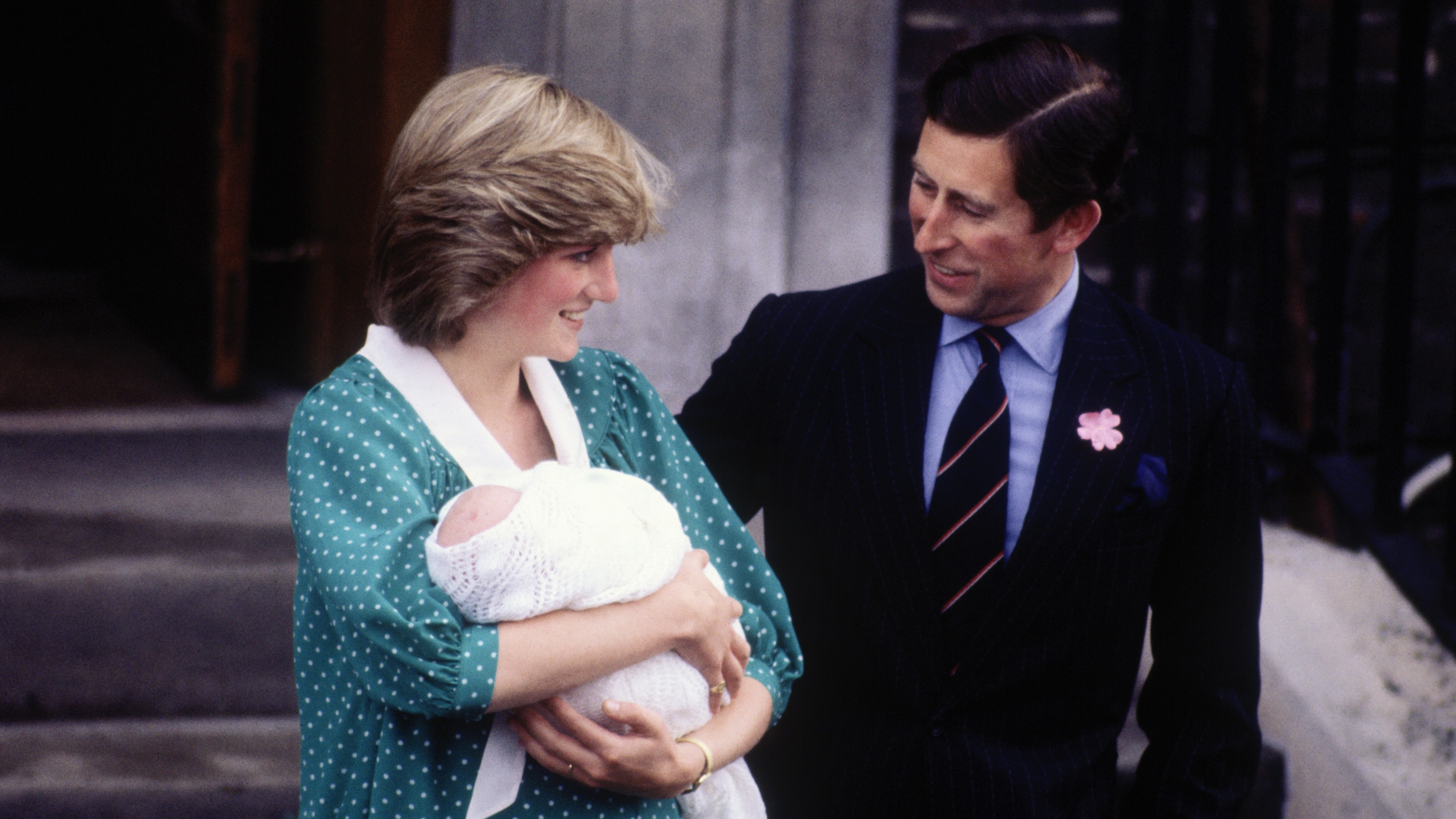 Newborn Prince William with Diana, Princess of Wales and King Charles as they leave St. Mary's hospital on June 22, 1982