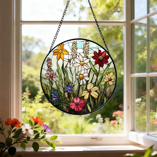 Stained Glass Window Hanging,16cm Colorful Wildflowers Plant Scenery Suncatcher for Doors Window Home Spring Decor Mother's Day Birthday Gifts for Women, Men Mom