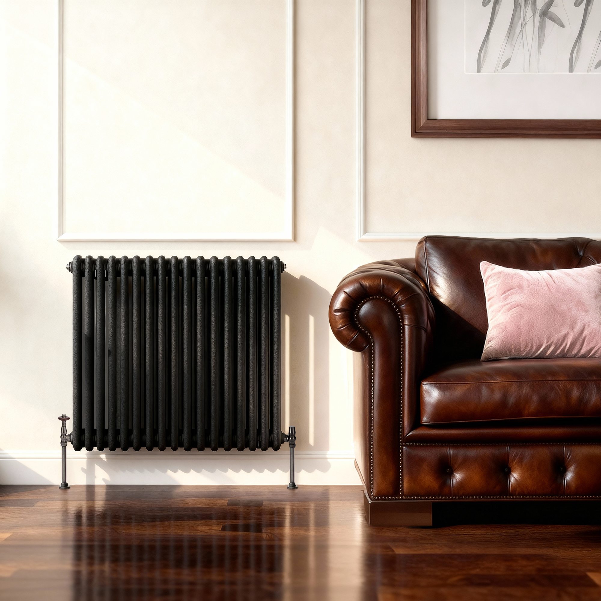 black column radiator in living room with leather sofa and polished wooden floor