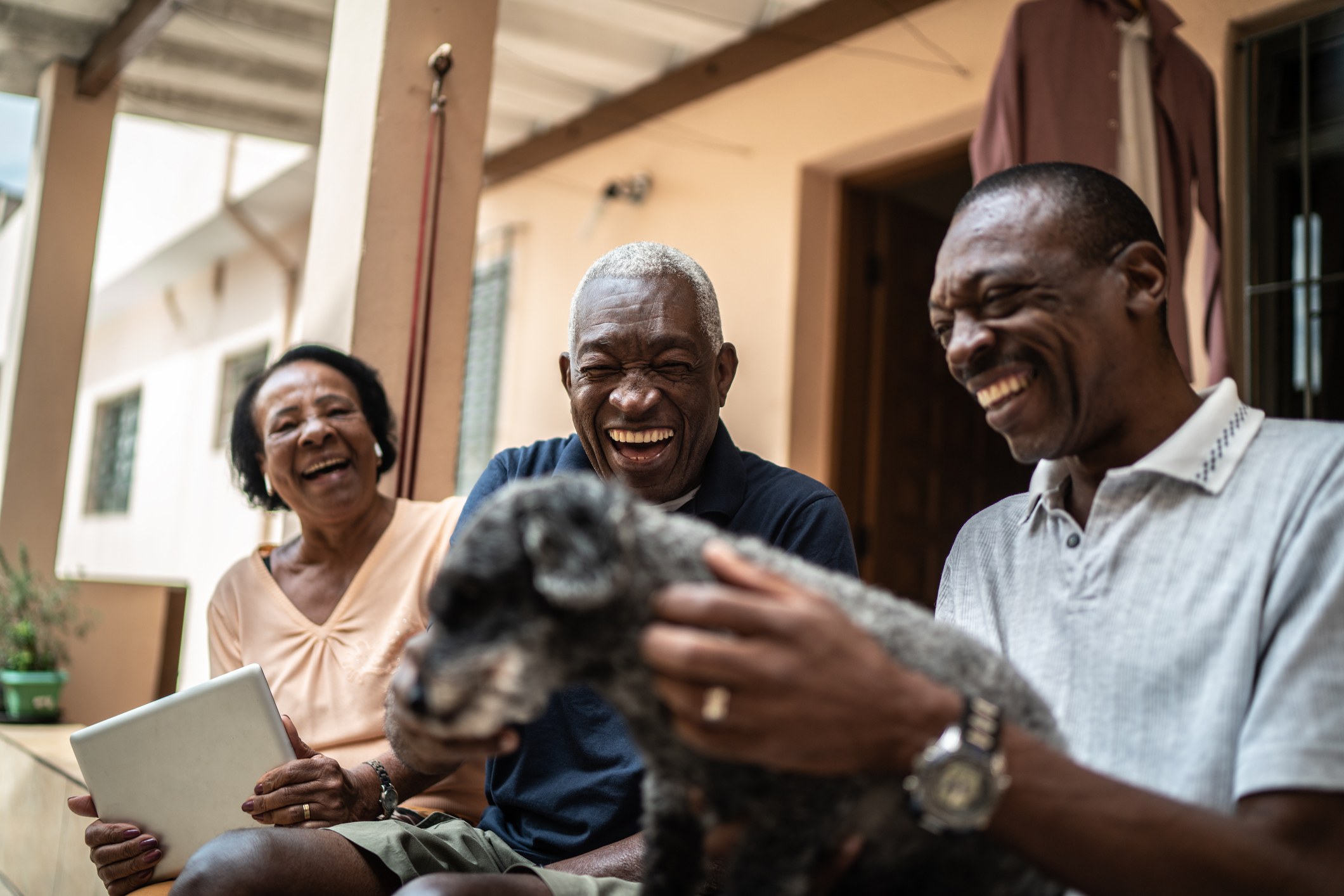 Two older men and an an older woman laugh on a porch, looking at their cute puppy.