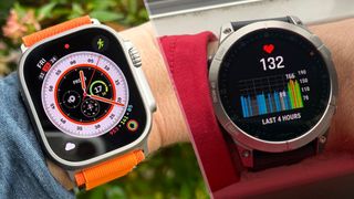 a photo of the Apple Watch Ultra and the Garmin Epix 2