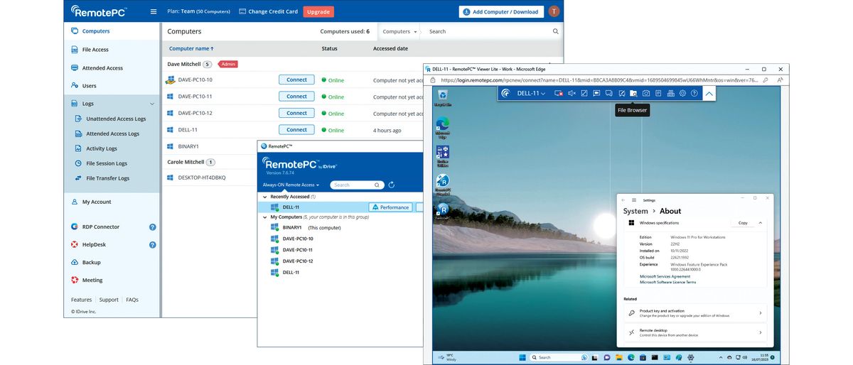 The IDrive RemotePC Team dashboard