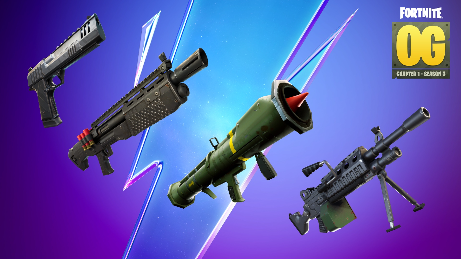 The Hand Cannon, Heavy Shotgun, Guided Missile Launcher, and Light Machinegun side by side against a blue and purple background