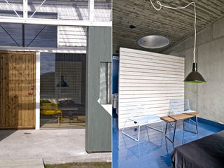 Stokkoya Resort by Svenning and Langklopp, Norway. Two images. Left, the outside of a hotel room with a wooden door and a glass wall. Right, the inside of a hotel room with a bed, a coffee table and two white chairs.