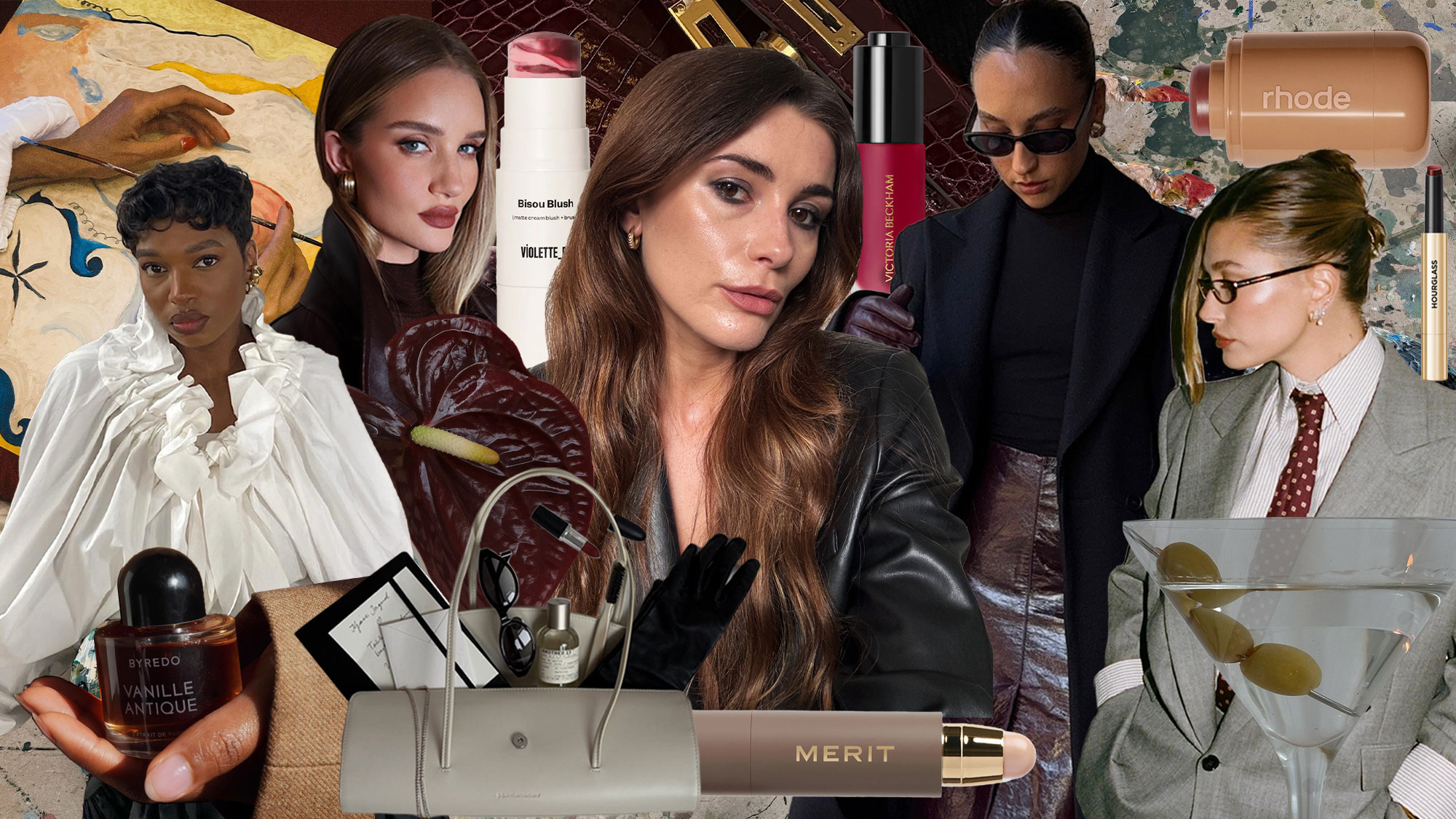 A collage featuring a mood board of autumn makeup trends, featuring pictures of celebrity makeup looks and new beauty products