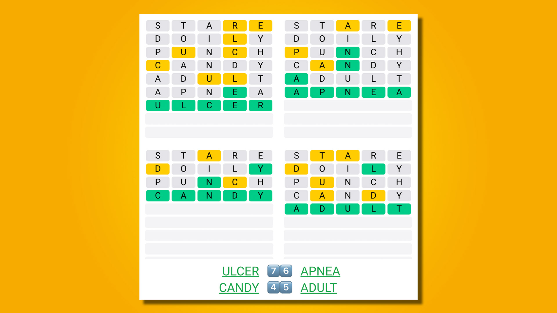 Quordle answers for game 476 on a yellow background