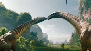 Two dinosaurs in a field in Jurassic Park Rebirth.