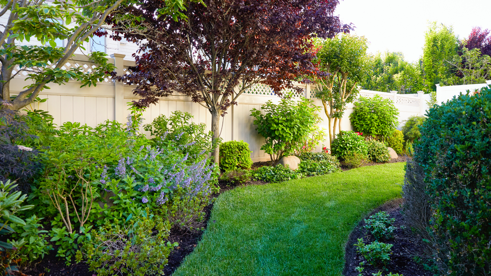 Backyard with fence, shrubs, and trees
