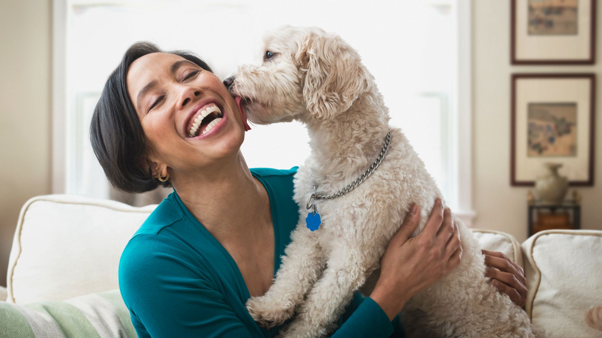 Dog licking woman's face