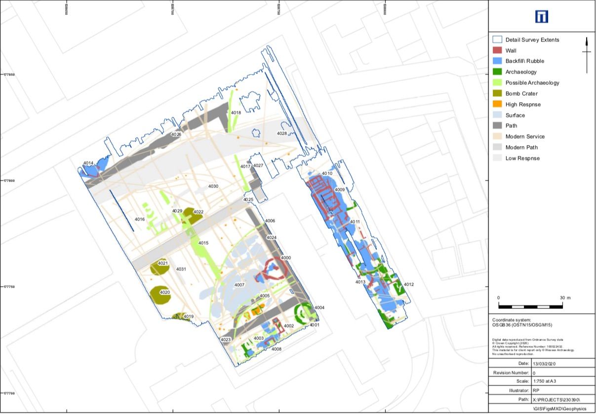 The ground-penetrating radar scans allowed the researchers to create this map. The circles marked 4000 and 4004 are likely the two viewing towers by the tiltyard.