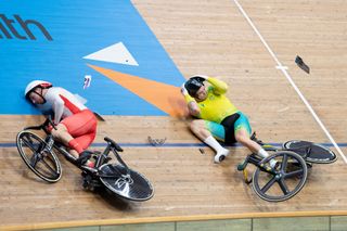 Joe Truman's crash during the Men's Track Cycling Keirin Second Round Heat One in the Birmingham 2022 Commonwealth Games