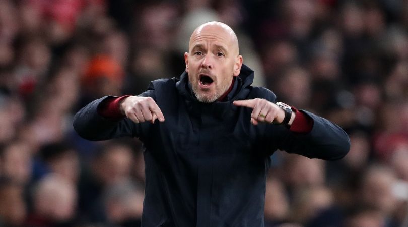 Manchester United manager Erik ten Hag reacts during his side&#039;s Premier League defeat to Arsenal in January 2023.