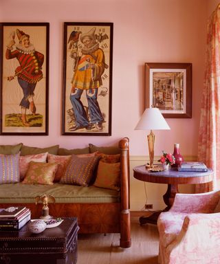 Pink living room, wooden sofa