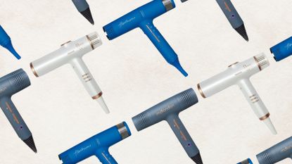 Collage of three of the quietest hair dryers in this guide from (left to right) mdlondon, Beauty Works and Hershesons, repeated at an angle against an off-white background