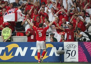 Wayne Rooney celebrates scoring at Euro 2004