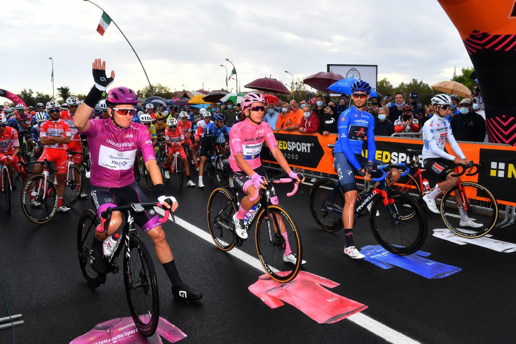 ROCCARASO ITALY OCTOBER 11 Start Arnaud Demare of France and Team Groupama FDJ Purple Points Jersey Joao Almeida of Portugal and Team Deceuninck QuickStep Pink Leader Jersey Filippo Ganna of Italy and Team INEOS Grenadiers Blue Mountain Jersey Harm Vanhoucke of Belgium and Team Lotto Soudal White Best Young Jersey Peloton during the 103rd Giro dItalia 2020 Stage 9 a 207km stage from San Salvo to Roccaraso Aremogna 1658m girodiitalia Giro on October 11 2020 in Roccaraso Italy Photo by Stuart FranklinGetty Images