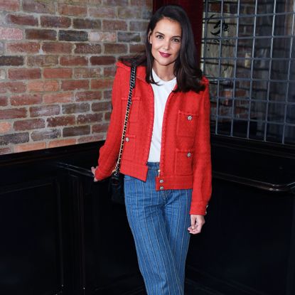 new york, new york november 04 katie holmes, wearing chanel, attends through her lens the tribeca chanel women's filmmaker program luncheon at locanda verde on november 04, 2019 in new york city photo by dimitrios kambouriswireimage