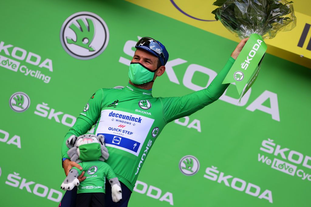 CHATEAUROUX FRANCE JULY 01 Mark Cavendish of The United Kingdom and Team Deceuninck QuickStep Green Points Jersey celebrates at podium during the 108th Tour de France 2021 Stage 6 a 1606km stage from Tours to Chteauroux Mascot LeTour TDF2021 on July 01 2021 in Chateauroux France Photo by Tim de WaeleGetty Images