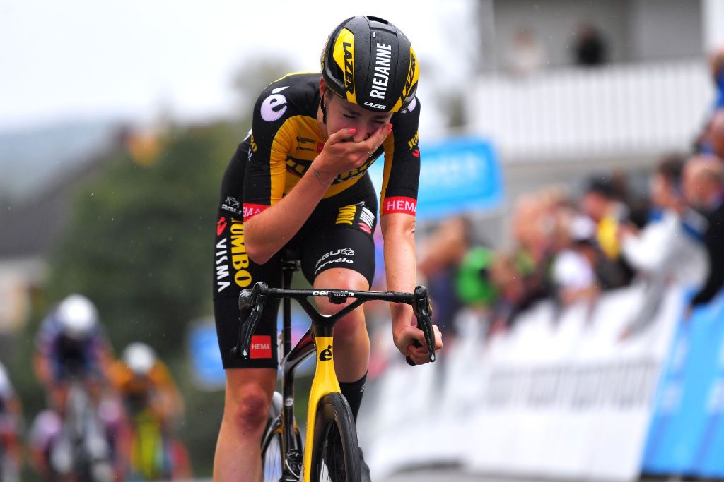 MYSEN NORWAY AUGUST 13 Markus Riejanne of Netherlands and Jumbo Visma Women Team celebrates at finish line as stage winner during the 7th Ladies Tour Of Norway 2021 Stage 2 a 145km stage from Askim to Mysen LTourOfNorway LTON21 UCIWWT on August 13 2021 in Mysen Norway Photo by Luc ClaessenGetty Images