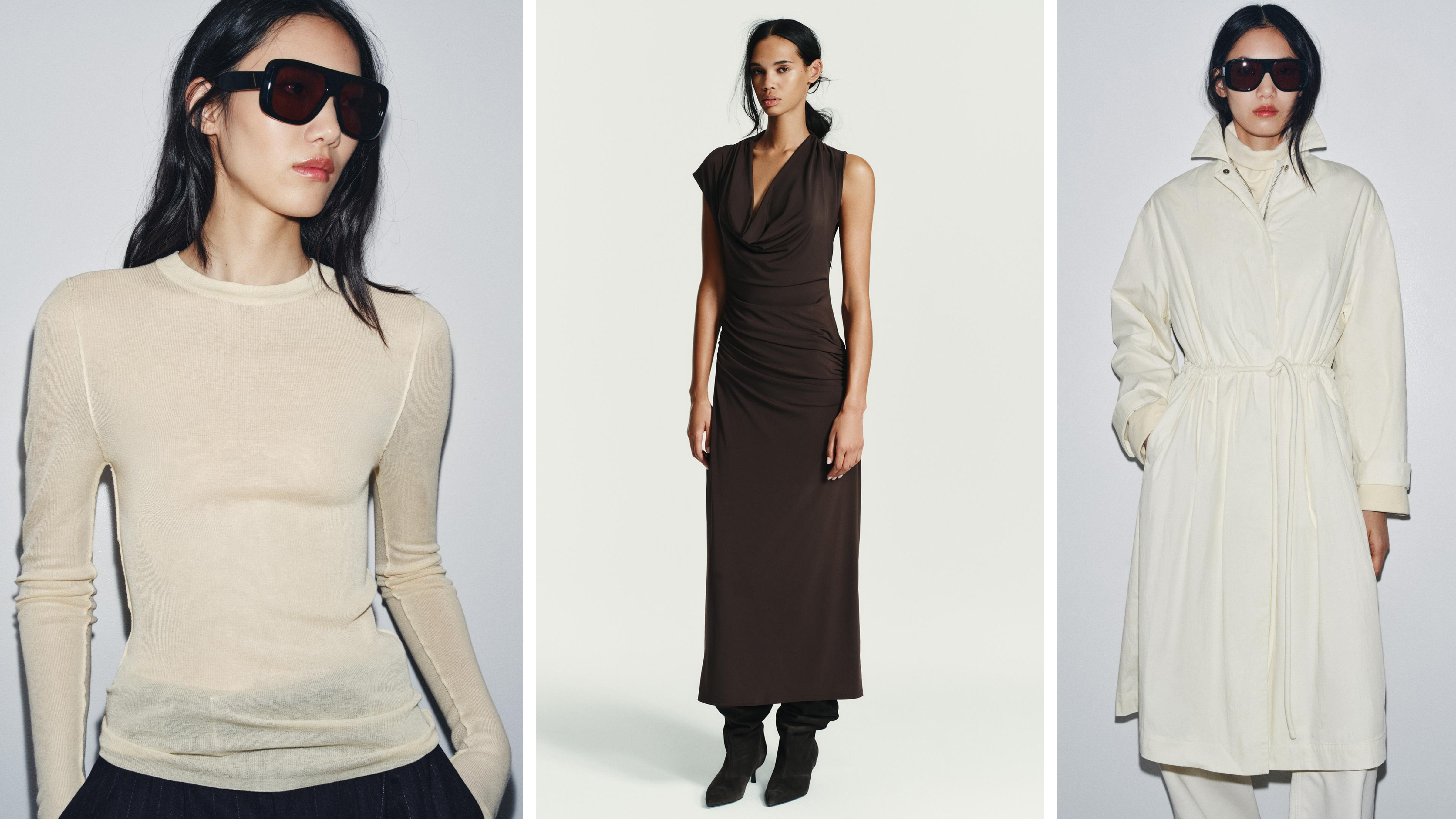 Zara long sleeve. Zara brown maxi dress. Zara high-neck trench coat in white. 