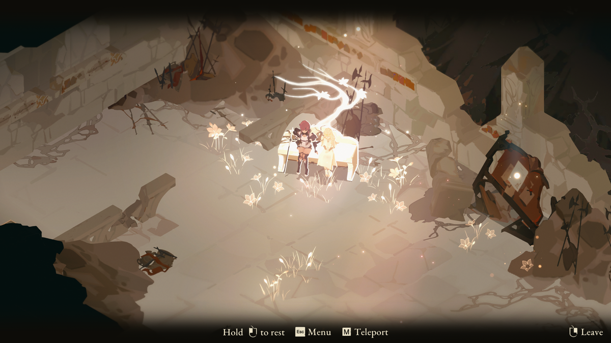 A screenshot of action RPG Lunarium. Two characters sit in a dilapidated stone room on a bright white bench.