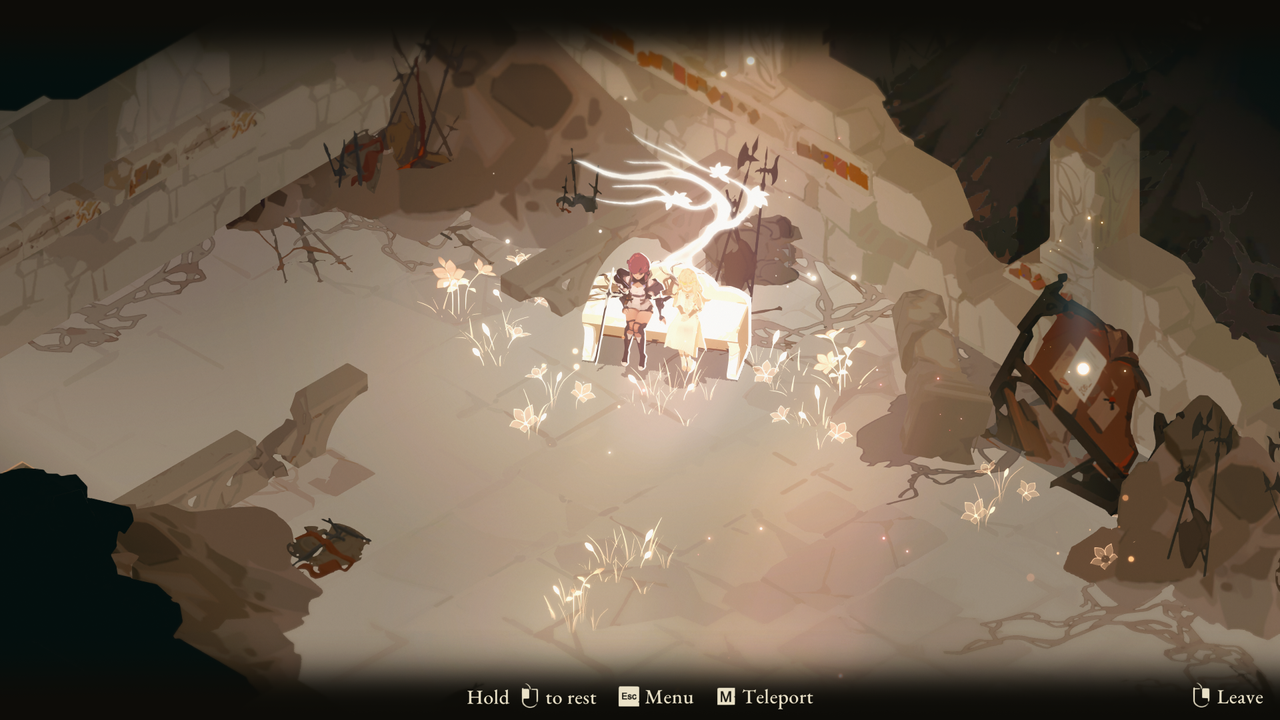 A screenshot of action RPG Lunarium. Two characters sit in a dilapidated stone room on a bright white bench.