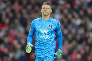 Bernd Leno of Fulham during the Premier League match between Liverpool FC and Fulham FC at Anfield on May 03, 2023 in Liverpool, England.