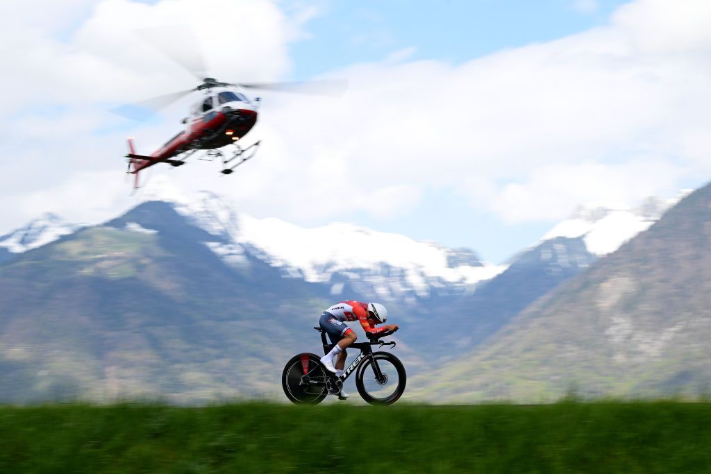 PORTVALAIS SWITZERLAND APRIL 25 Thibau Nys of Belgium and Team TrekSegafredo sprints during the 76th Tour De Romandie 2023 Prologue a 682km stage from PortValais to PortValais UCIWT on April 25 2023 in PortValais Switzerland Photo by Dario BelingheriGetty Images