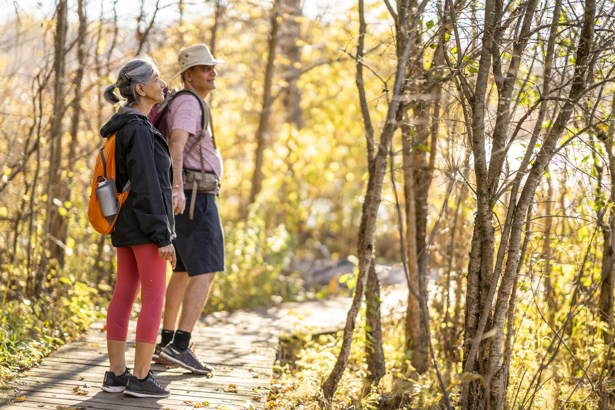 A couple on a hiking trail on a sunny day