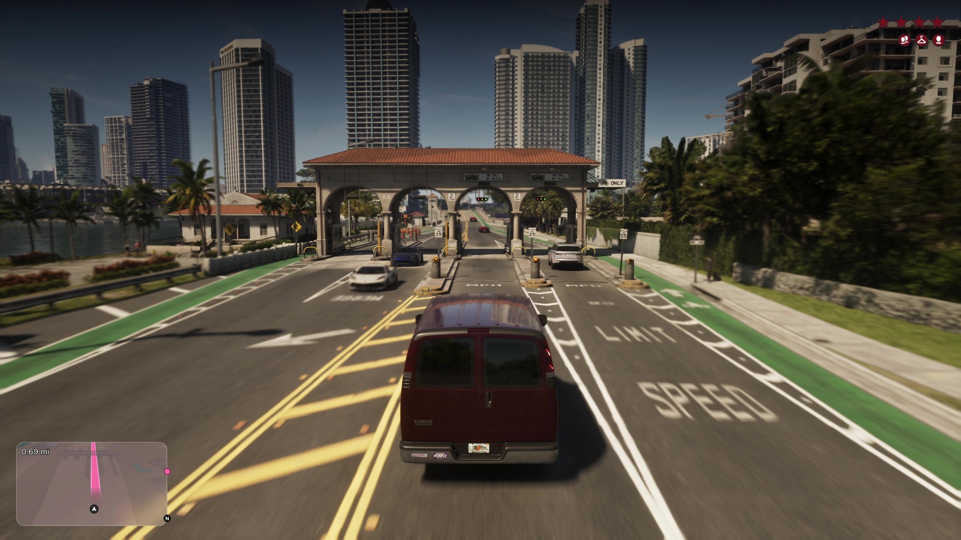 Lucia drives a van incognito with an active red Wanted meter, from the GTA 6 extended look