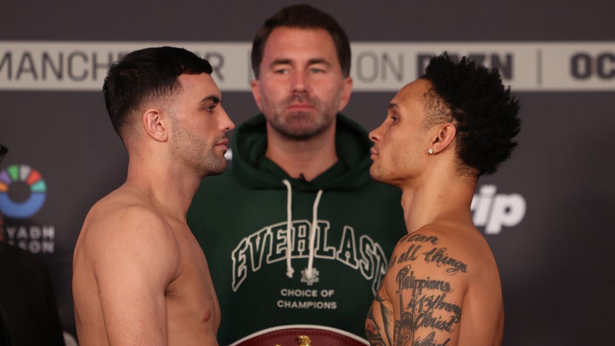 Jack Catterall (L) and Regis Prograis (R) public weigh in ahead of the Catterall vs Prograis fight on 26th October, 2024 in London, England