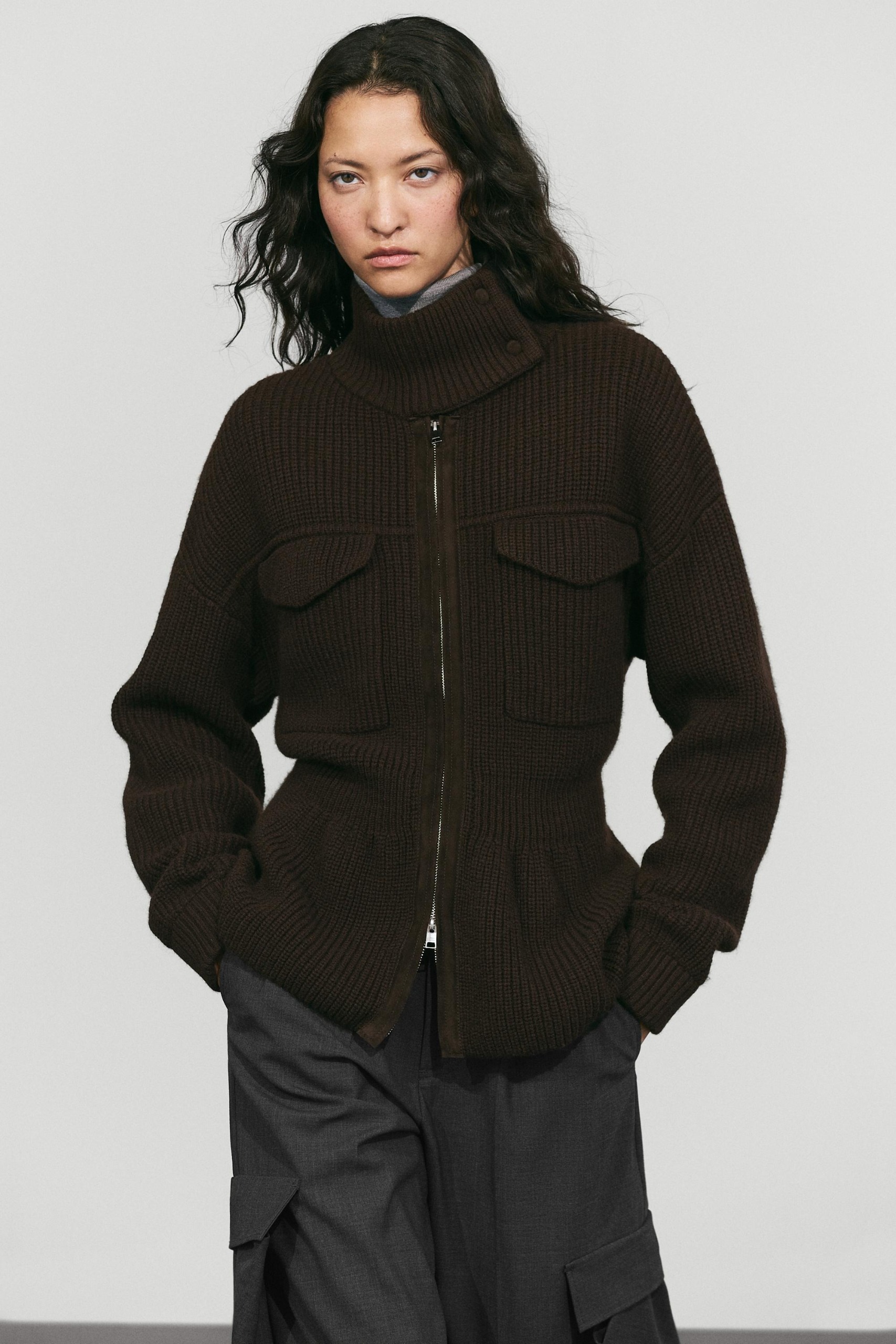 Massimo Dutti, Mixed-Knit Suede Pocket Cardigan