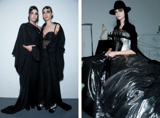 3 models wearing black dresses in lace andv silver taffeta with black hat