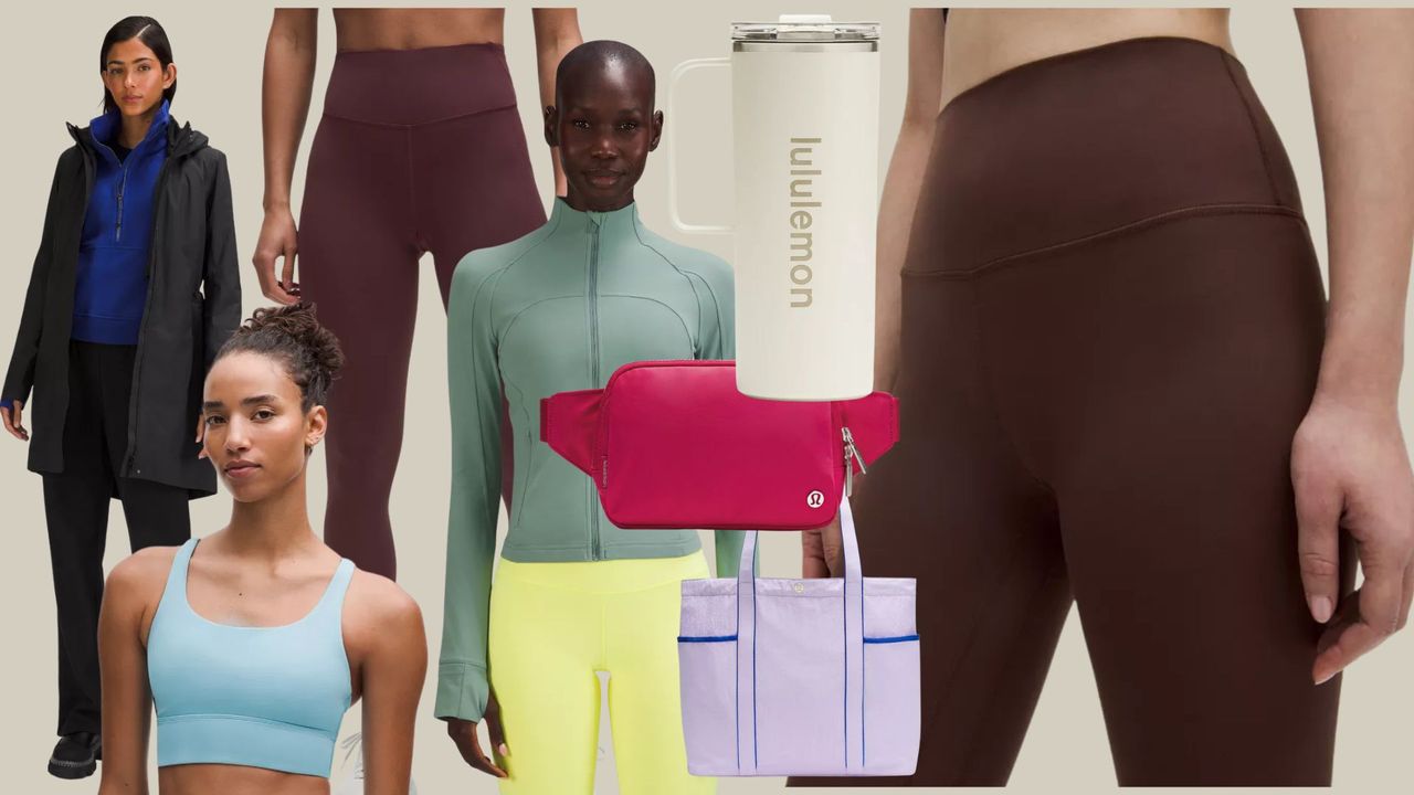 Items in the Lululemon sale, including leggings, sports bras, tops, bags, and water bottles