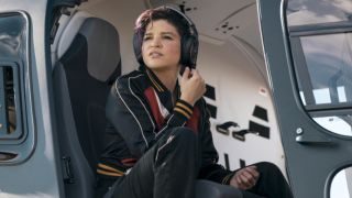 Paola Lázaro in helicopter for Netflix's Obliterated