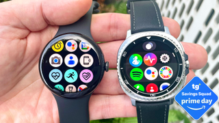 Samsung Galaxy Watches 8 and 8 Classic side by side on hand with a deal badge in blue bottom right