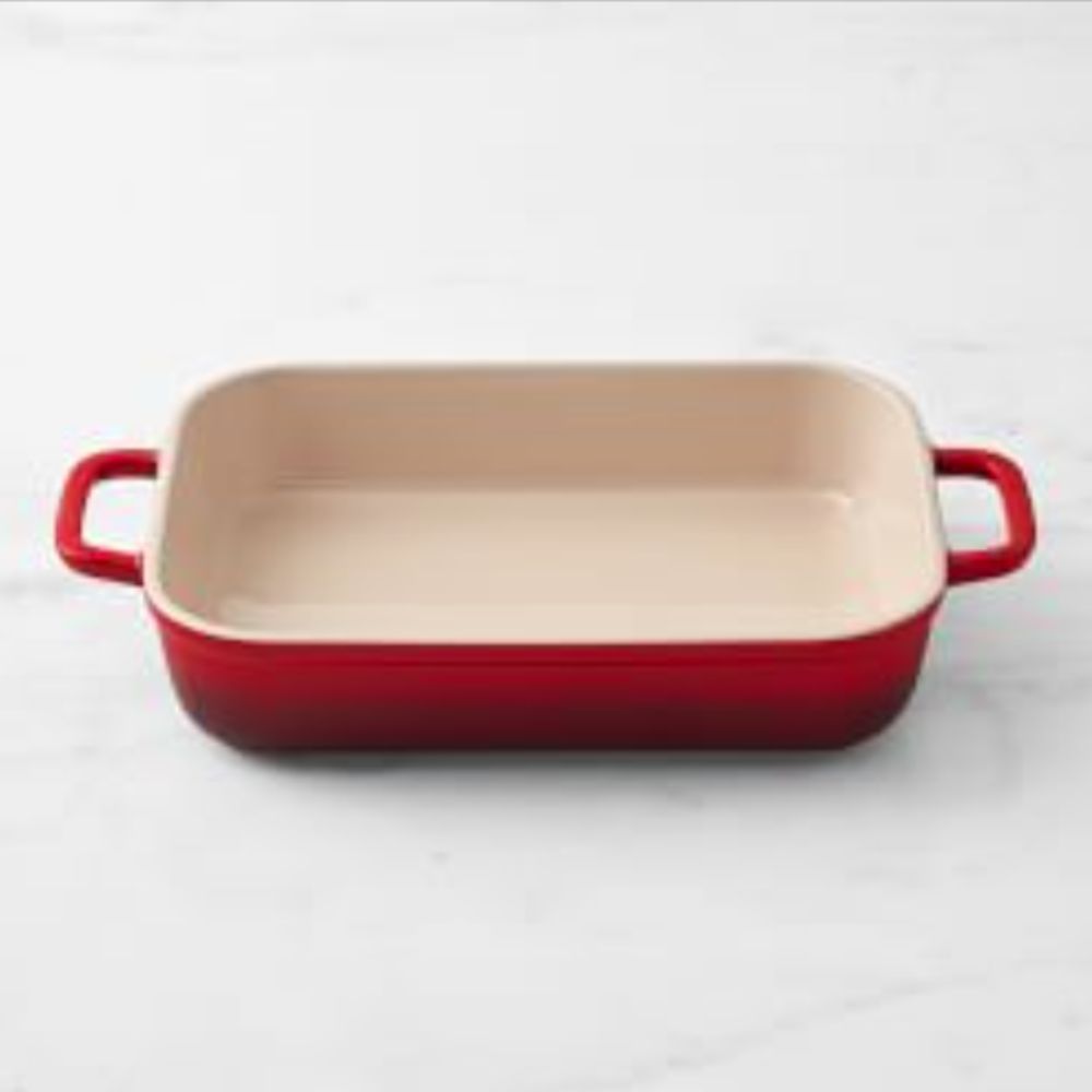 Red stoneware Le Creuset roasting dish