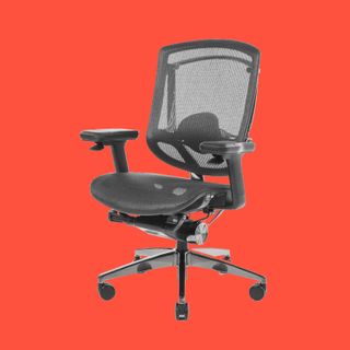 An image of the NeueChair office chair against a red background