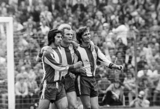 Bayern Munich players celebrate a goal in 1971.