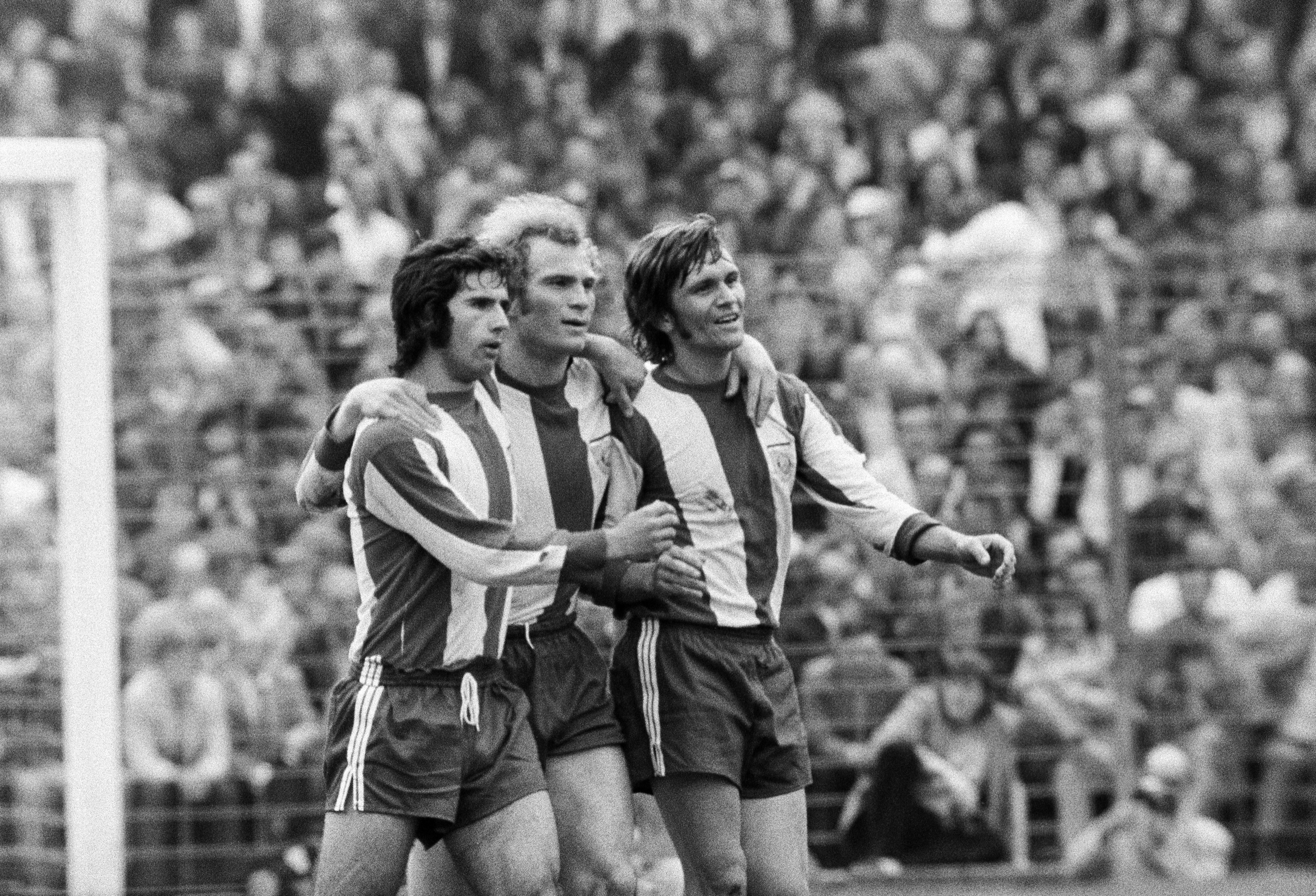 Bayern Munich players celebrate a goal in 1971.